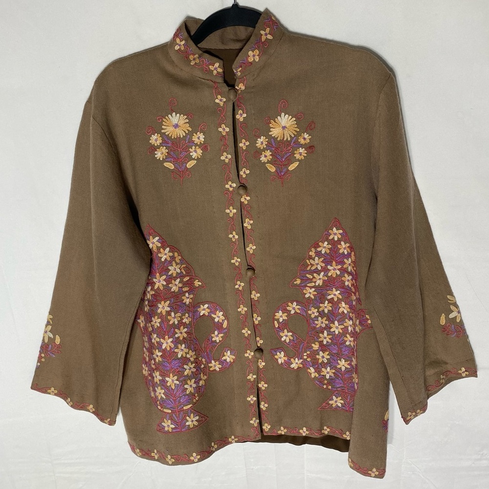 Vintage Handmade Brown Pink Yellow Floral Embroidered Mock Neck Top Jacket M